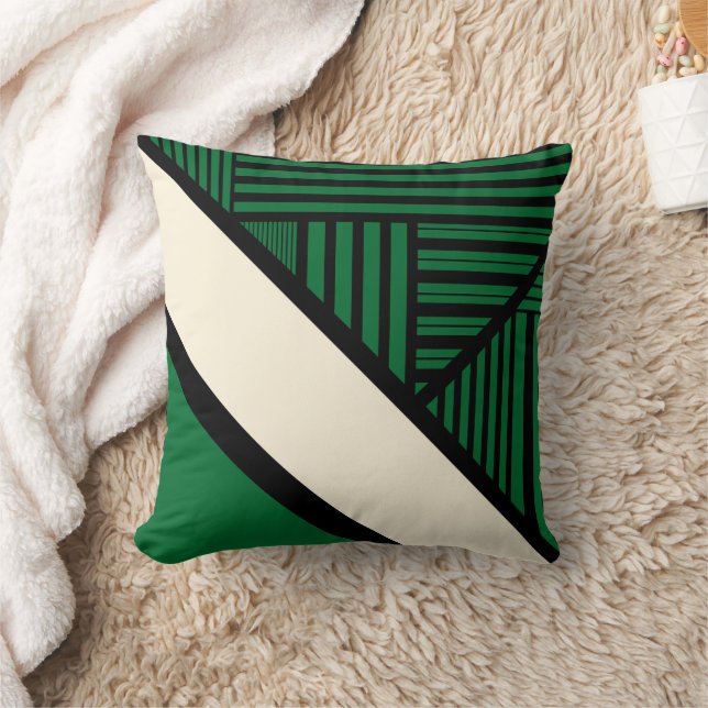 Triangle Stripes - Green, Cream and Black Throw Pillow (Blanket)