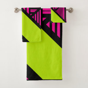 Triangle Stripes in Lime Green, Hot Pink and Black Bath Towel Set