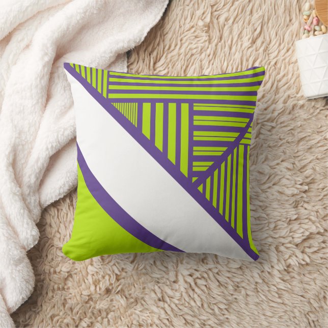 Triangle Stripes in Lime Green & Purple Throw Pillow (Blanket)