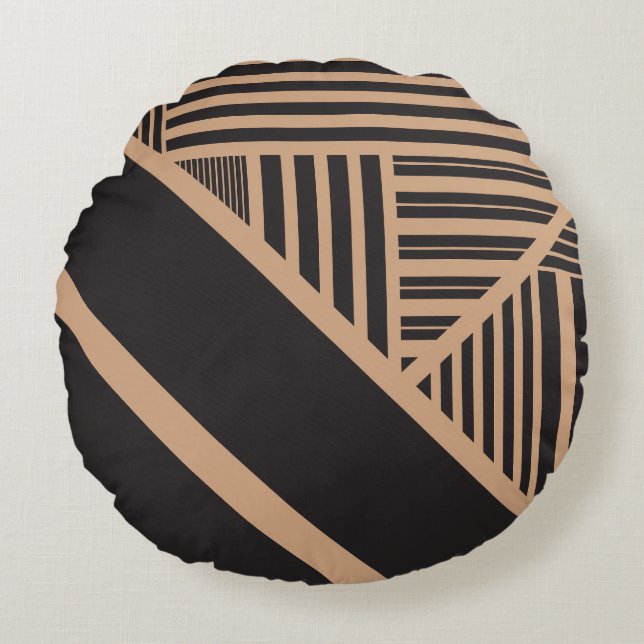 Triangle Stripes in Tan and Black Round Pillow (Front)