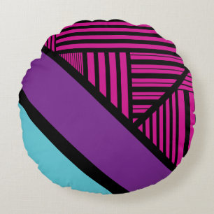 Triangle Stripes - Pink, Purple, Blue and Black Round Pillow