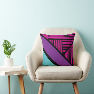 Triangle Stripes - Pink, Purple, Blue and Black  Throw Pillow