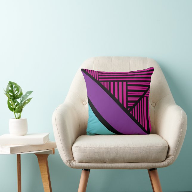 Triangle Stripes - Pink, Purple, Blue and Black  Throw Pillow (Chair)