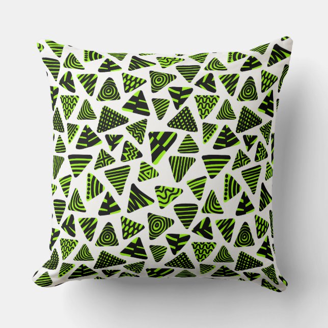 Triangles 240121 - Black and Chartreuse Grn on Wt Throw Pillow (Front)