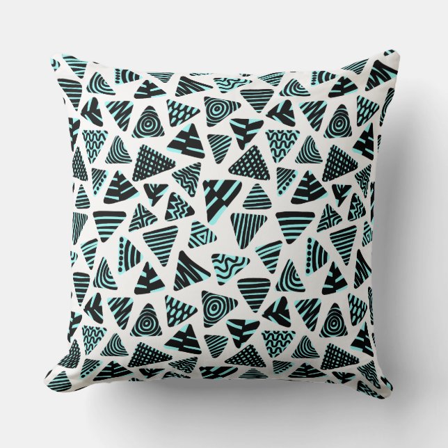 Triangles 240121 - Black and Ice Blue on White Throw Pillow (Front)