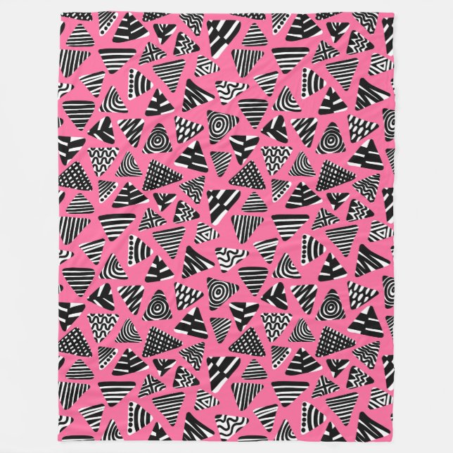 Triangles 240121 - Black and White on Deep Pink Fleece Blanket (Front)