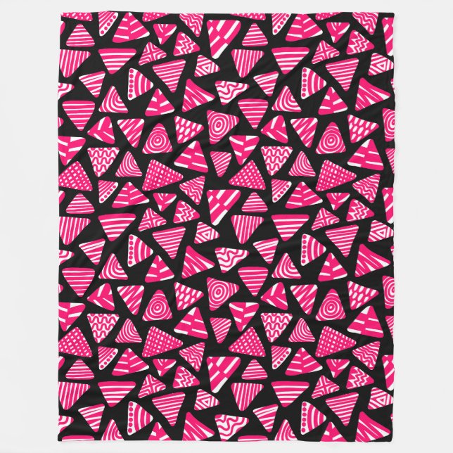 Triangles 240121 - Neon Red and White on Black Fleece Blanket (Front)
