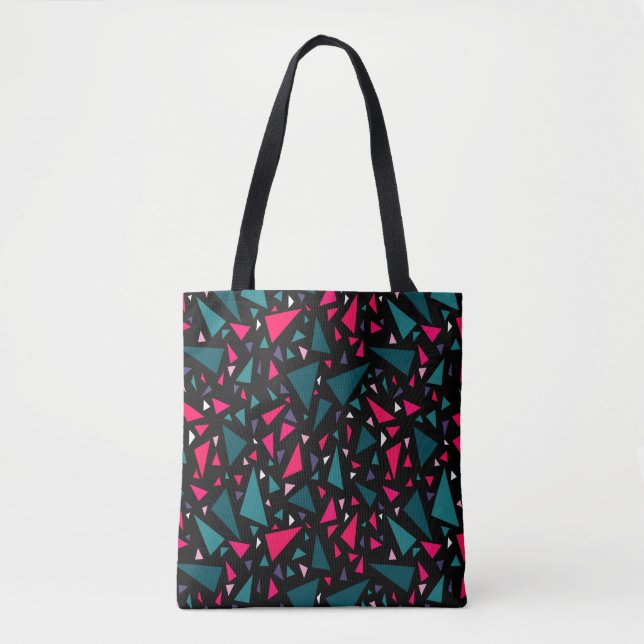 Triangles blue scarlet colours on black background tote bag (Front)