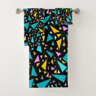 Triangles blue yellow colours on black background  bath towel set