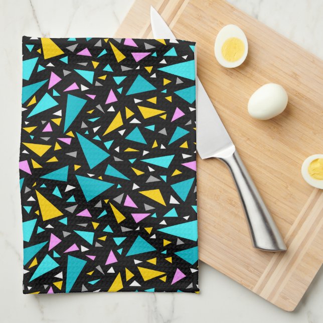 Triangles blue yellow colours on black background  kitchen towel (Quarter Fold)