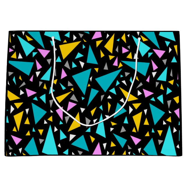 Triangles blue yellow colours on black background  large gift bag (Front)