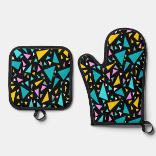 Triangles blue yellow colours on black background oven mitt & pot holder set