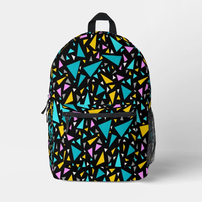 Triangles blue yellow colours on black background  printed backpack (Front)