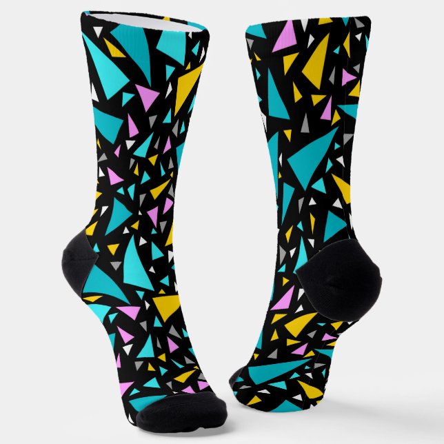 Triangles blue yellow colours on black background  socks (Angled)
