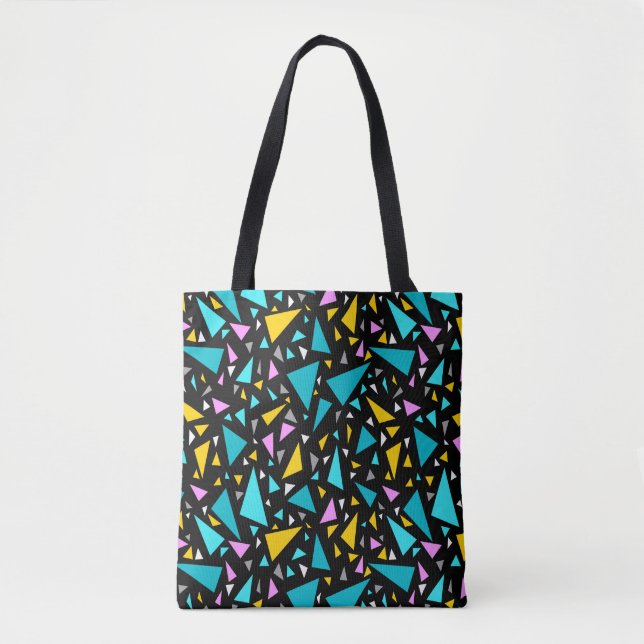 Triangles blue yellow colours on black background  tote bag (Front)