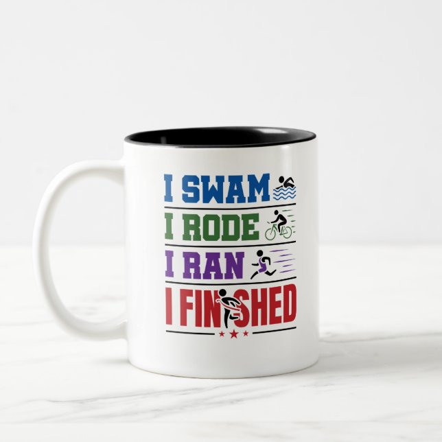 Triathlon Finisher I Swam I Rode I Ran I Finished Two-Tone Coffee Mug (Left)