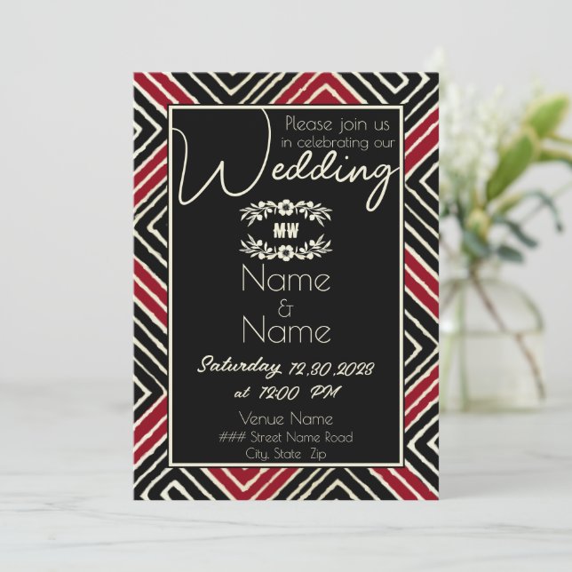 Tribal African Red and Black Wedding Invitation (Standing Front)