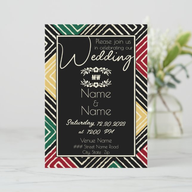 Tribal African Red Green Black Wedding Invitation (Standing Front)