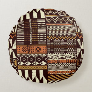 Tribal African style fabric patchwork abstract vin Round Pillow