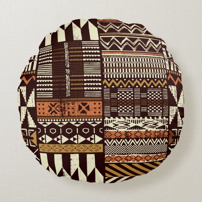 Tribal African style fabric patchwork abstract vin Round Pillow (Front)