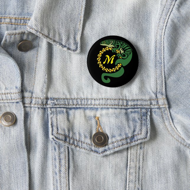 Tribal Alligator Lizard Hugging a Sun Monogram 2 Inch Round Button (In Situ)