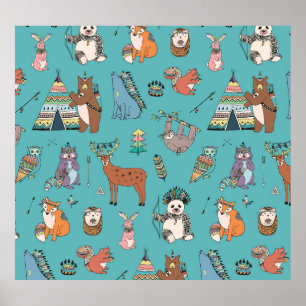 Tribal animals: woodland forest pattern. poster
