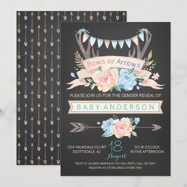 Tribal Antler Chalkboard Gender Reveal Invitations (Front/Back)