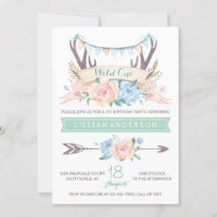 Tribal Antler Wild One 1st Birthday Invitations