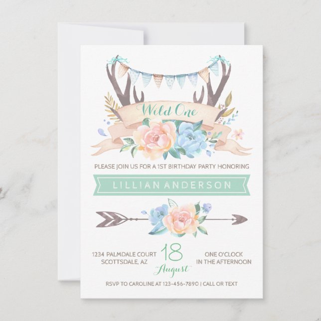 Tribal Antler Wild One 1st Birthday Invitations (Front)