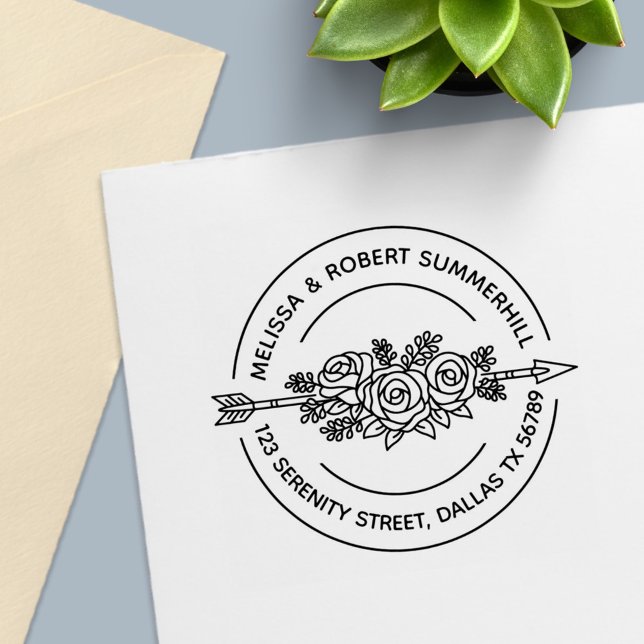 Tribal Arrow Rose Flowers Couple Round Address Self-inking Stamp (Creator Uploaded)