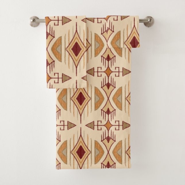 Tribal Arrows, Apricot, Burgundy, Tan Bath Towel Set (Insitu)