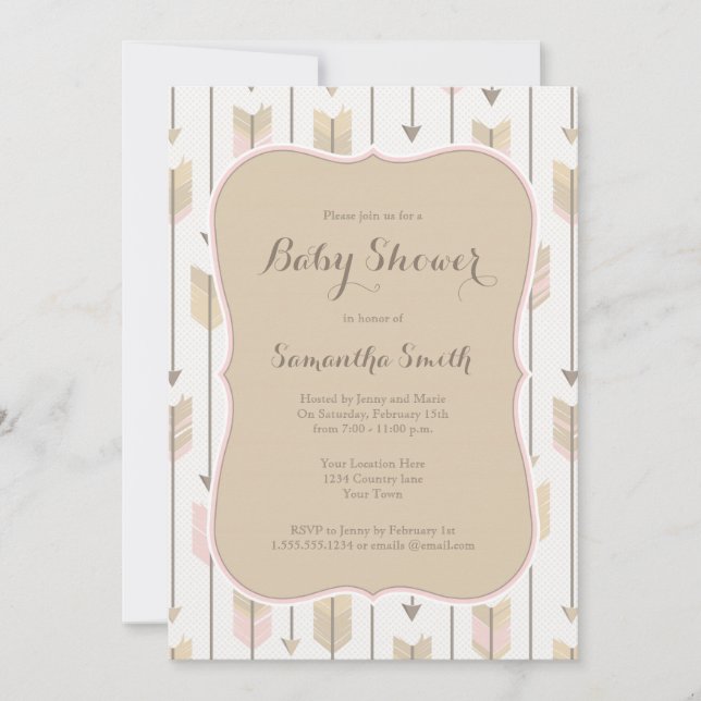 Tribal Arrows Baby Shower Blush Pink and Tan Invitation (Front)