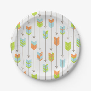 Tribal Arrows Pattern Blue Orange Green Grey Paper Plate