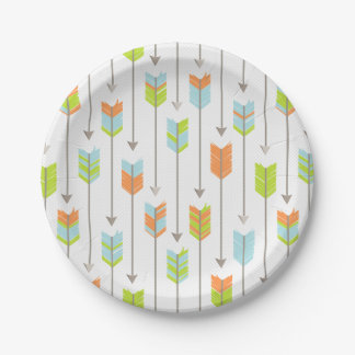Tribal Arrows Pattern Blue Orange Green Grey Paper Plate