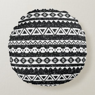 Tribal Aztec Black Glitter White Geometric Shapes Round Pillow