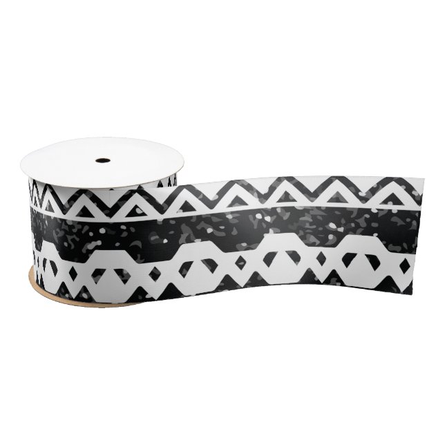 Tribal Aztec Black Glitter White Geometric Shapes Satin Ribbon (Spool)