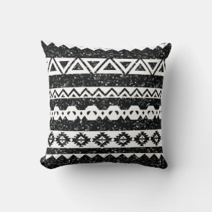 Tribal Aztec Black Glitter White Geometric Shapes Throw Pillow