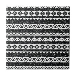 Tribal Aztec Black Glitter White Geometric Shapes Tile