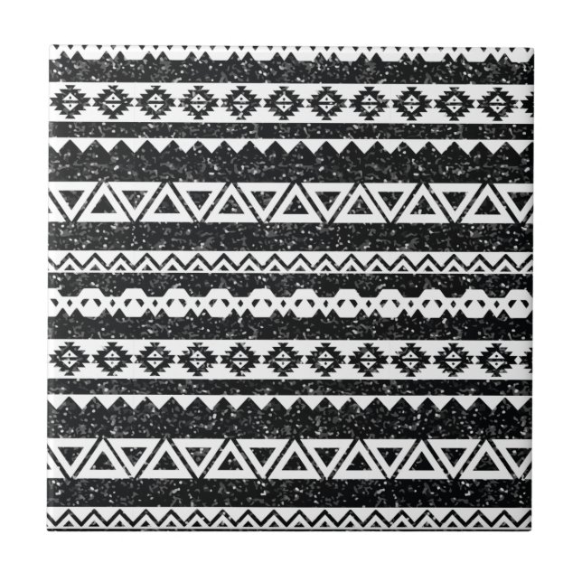 Tribal Aztec Black Glitter White Geometric Shapes Tile (Front)
