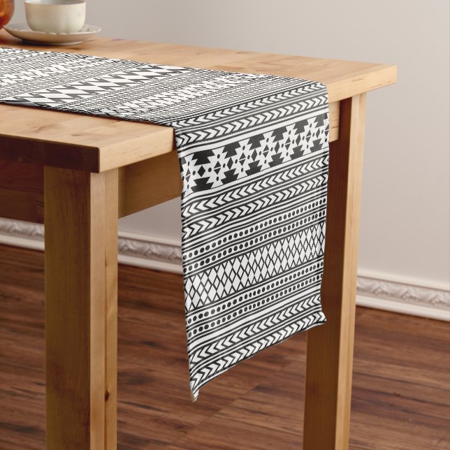 Tribal Aztec Pattern Black And White Short Table Runner (In Situ)