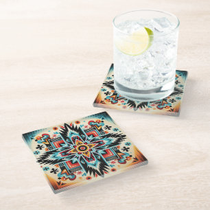 Tribal Aztec pattern geometric abstract colourful Glass Coaster
