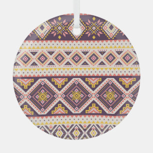 Tribal Aztec striped, geometric pattern. Glass Ornament