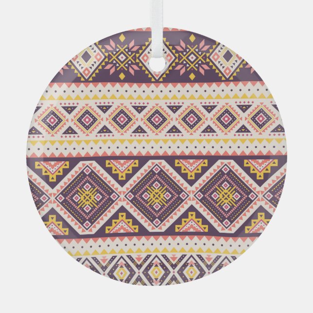 Tribal Aztec striped, geometric pattern. Glass Ornament (Front)