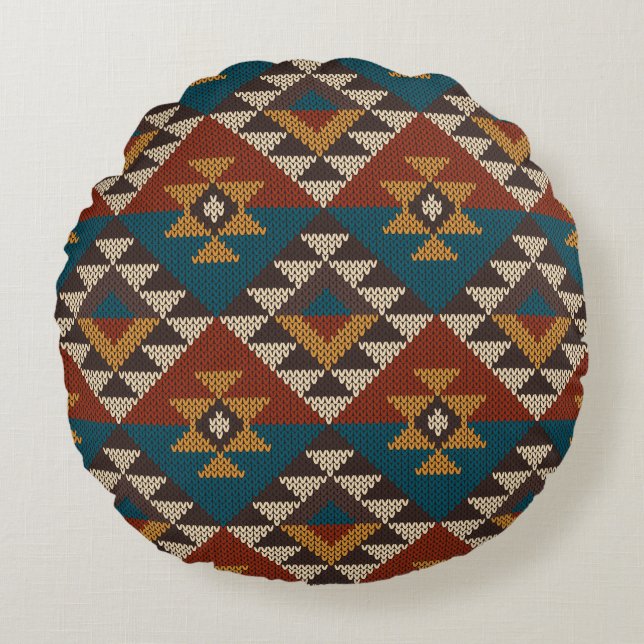 Tribal Aztec Wool Knitted Texture. Round Pillow (Front)