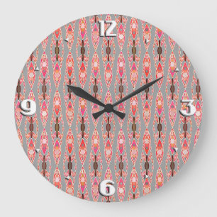 Tribal Batik - Coral Pink and Silver Grey Large Clock