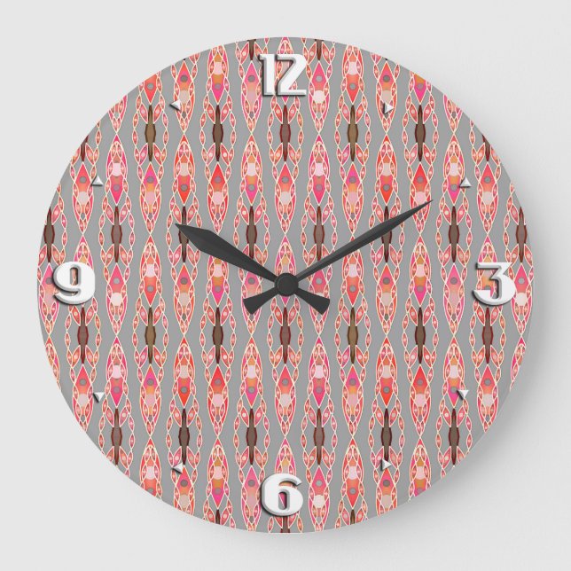 Tribal Batik - Coral Pink and Silver Grey Large Clock (Front)