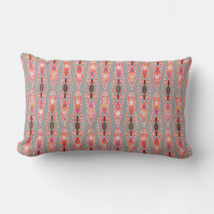 Tribal Batik - Coral Pink and Silver Grey Lumbar Pillow