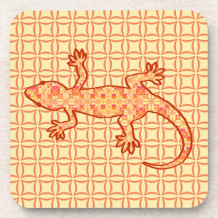 Tribal batik Gecko - coral and light orange Coaster