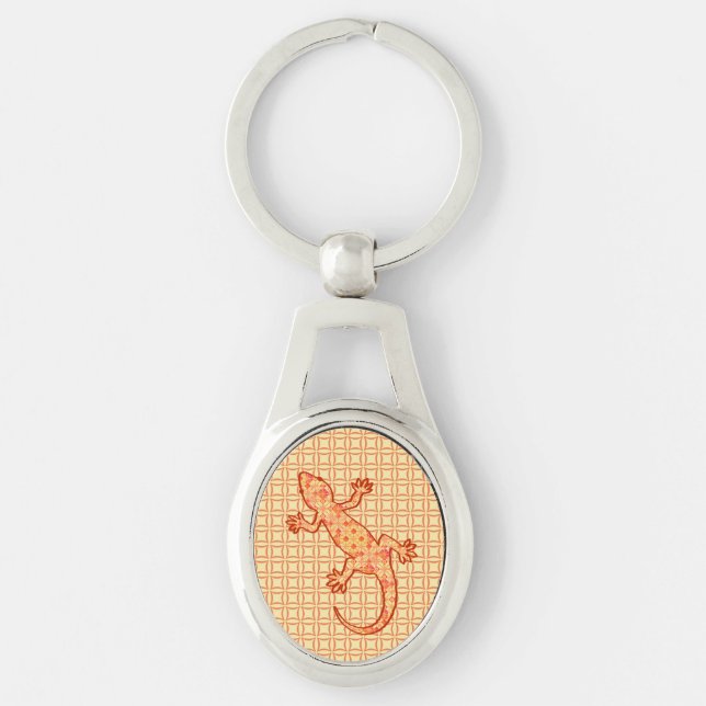 Tribal batik Gecko - coral and light orange Keychain (Front)