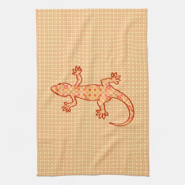 Tribal batik Gecko - coral and light orange Kitchen Towel (Vertical)